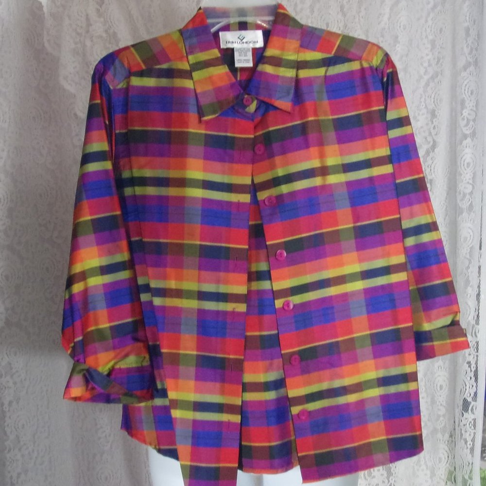 Erin London Rainbow Plaid Silk Jacket Size L NWOT